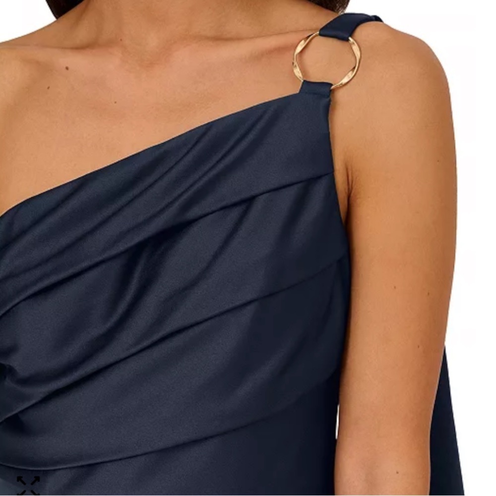 NWT ADRIANNA PAPELL Dark Navy One Shoulder Pleated Bodice Lined Dress Size 10 - Picture 5 of 6